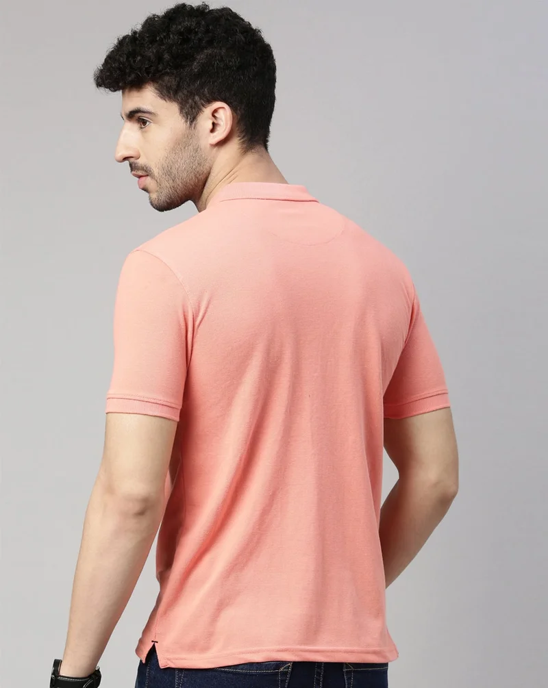 Joven Men Peach Solid Polo Collar Pure Cotton T-Shirt
